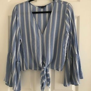 Striped Blue Linen Crop Tie Blouse